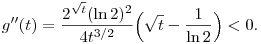 
g''(t) = \frac{2^{\sqrt{t}}(\ln2)^2}{4t^{3/2}}\Big(\sqrt{t}-\frac1{\ln2}\Big)<0.
