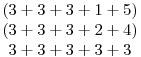 \matrix{(3+3+3+1+5)\cr(3+3+3+2+4)\cr3+3+3+3+3}