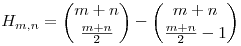 H_{m,n} = \binom{m+n}{\frac{m+n}{2}} - \binom{m+n}{\frac{m+n}{2}-1}