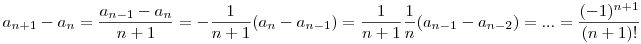 a_{n+1}-a_n=\frac{a_{n-1}-a_n}{n+1}=-\frac1{n+1}(a_n-a_{n-1})=\frac1{n+1}\frac1n(a_{n-1}-a_{n-2})=...=\frac{(-1)^{n+1}}{(n+1)!}
