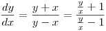 \frac{dy}{dx}=\frac{y+x}{y-x}=\frac{\frac yx+1}{\frac yx-1}