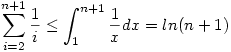 \sum_{i=2}^{n+1}\frac1i\leq\int_1^{n+1}\frac1xdx=ln(n+1)