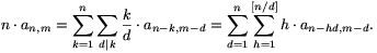 n\cdot a_{n,m}=\sum_{k=1}^n\sum_{d|k}{k\over d}\cdot a_{n-k,m-d}=\sum_{d=1}^n\sum_{h=1}^{[n/d]}h\cdot a_{n-hd,m-d}.
