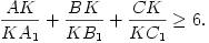 
\frac{AK}{KA_1}+\frac{BK}{KB_1}+\frac{CK}{KC_1}\ge6.
